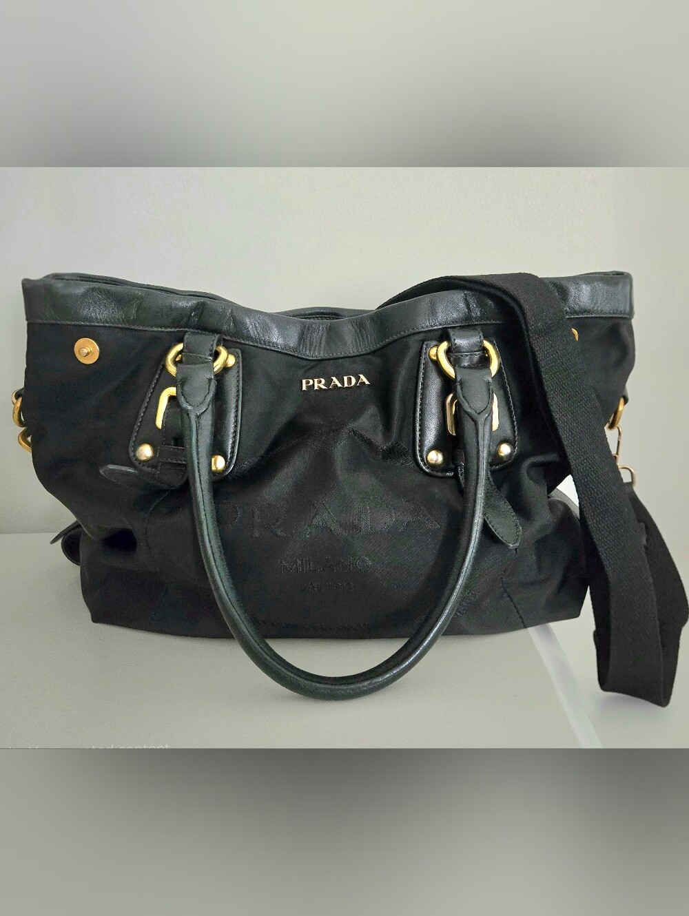Authentic Prada Logo 2-Way Slouchy Hobo Logo Tote Shoulder Crossbody Bag